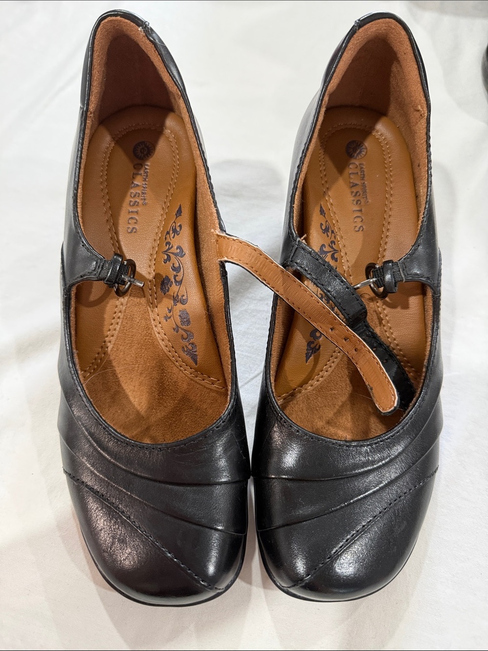 Earth Spirit Black Mary Jane Flats with T-Strap Leather